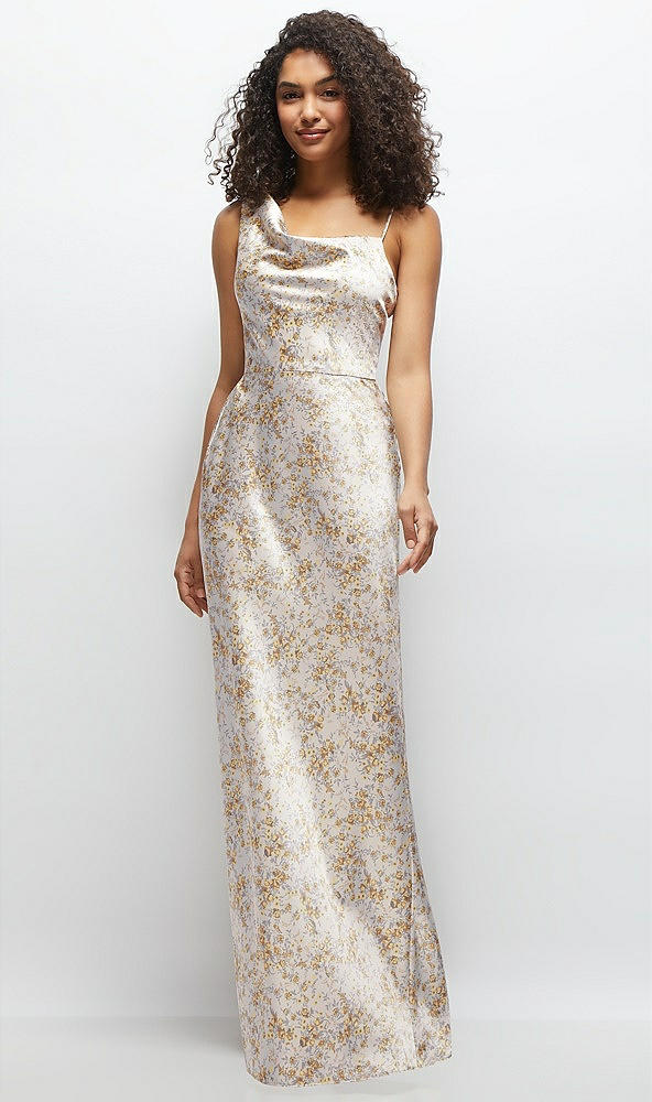 Front View - Golden Hour One-Shoulder Draped Cowl A-Line Floral Satin Maxi Dress