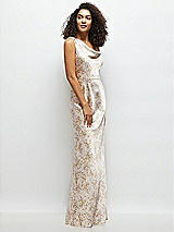 Side View Thumbnail - Golden Hour One-Shoulder Draped Cowl A-Line Floral Satin Maxi Dress