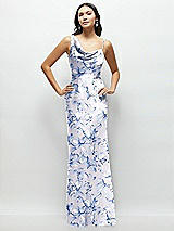 Front View Thumbnail - Magnolia Sky One-Shoulder Draped Cowl A-Line Floral Satin Maxi Dress