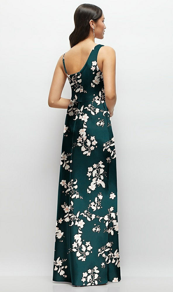 Back View - Vintage Primrose Evergreen One-Shoulder Draped Cowl A-Line Floral Satin Maxi Dress