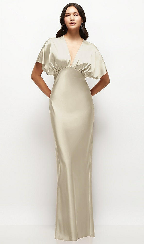 Front View - Champagne Plunge Neck Kimono Sleeve Satin Bias Maxi Dress