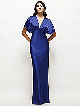 Front View Thumbnail - Cobalt Blue Plunge Neck Kimono Sleeve Satin Bias Maxi Dress