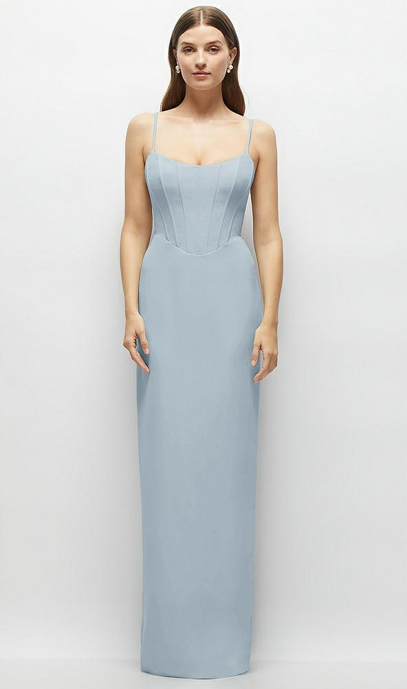 Front View - Mist Corset-Style Crepe Column Maxi Dress with Adjustable Straps