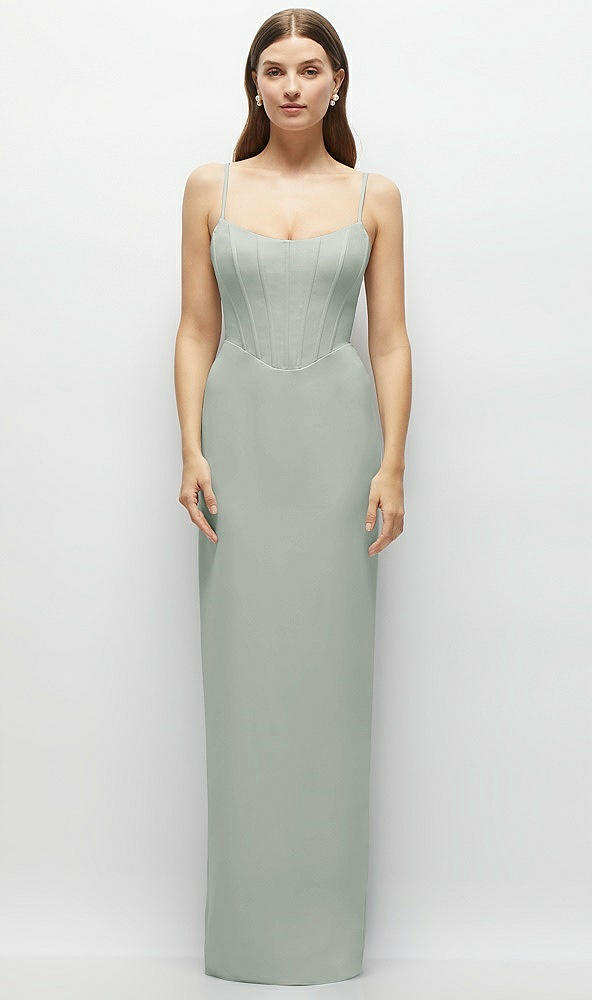 Front View - Willow Green Corset-Style Crepe Column Maxi Dress with Adjustable Straps