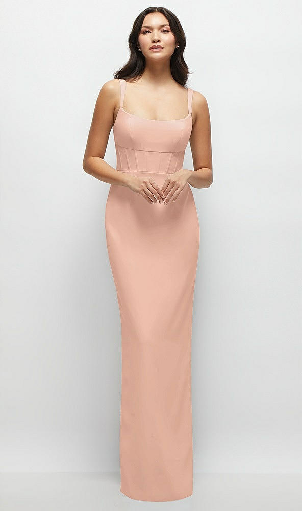 Front View - Pale Peach Corset Midriff Crepe Column Maxi Dress