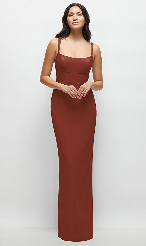 Front View - Auburn Moon Corset Midriff Crepe Column Maxi Dress