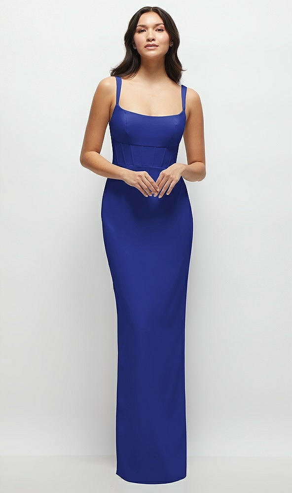 Front View - Cobalt Blue Corset Midriff Crepe Column Maxi Dress