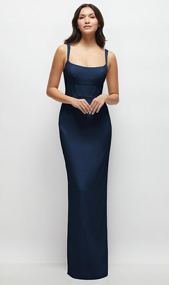 Front View - Midnight Navy Corset Midriff Crepe Column Maxi Dress