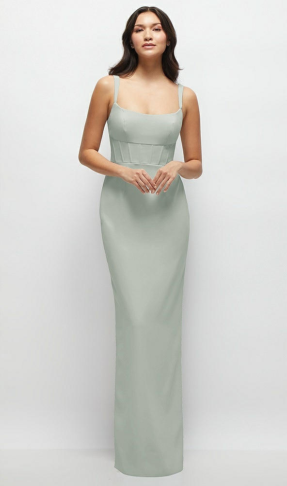 Front View - Willow Green Corset Midriff Crepe Column Maxi Dress