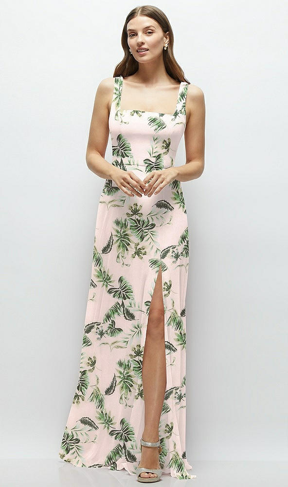 Front View - Palm Beach Print Square Neck Chiffon Maxi Dress with Circle Skirt