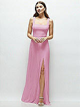 Front View Thumbnail - Powder Pink Square Neck Chiffon Maxi Dress with Circle Skirt