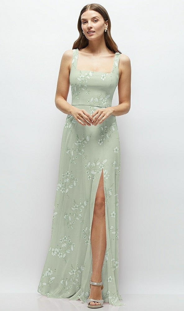 Front View - Vintage Primrose Sage Square Neck Chiffon Maxi Dress with Circle Skirt