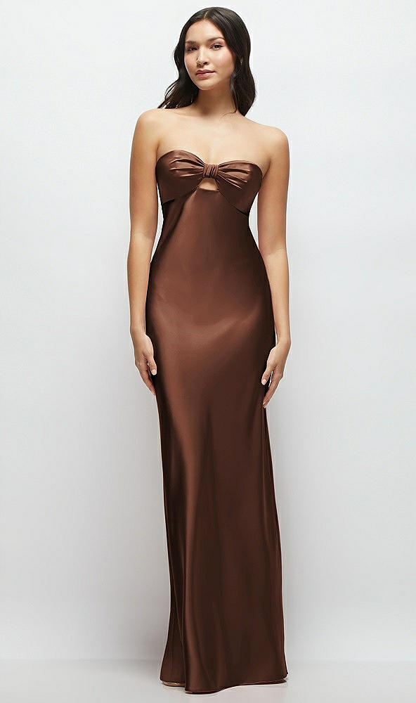 Front View - Cognac Strapless Bow-Bandeau Cutout Satin Maxi Slip Dress