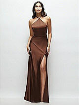 Front View Thumbnail - Cognac High Halter Tie-Strap Open-Back Satin Maxi Dress