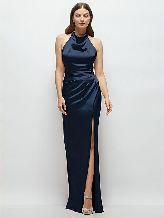 Cowl Halter Open-Back Satin Maxi Dress