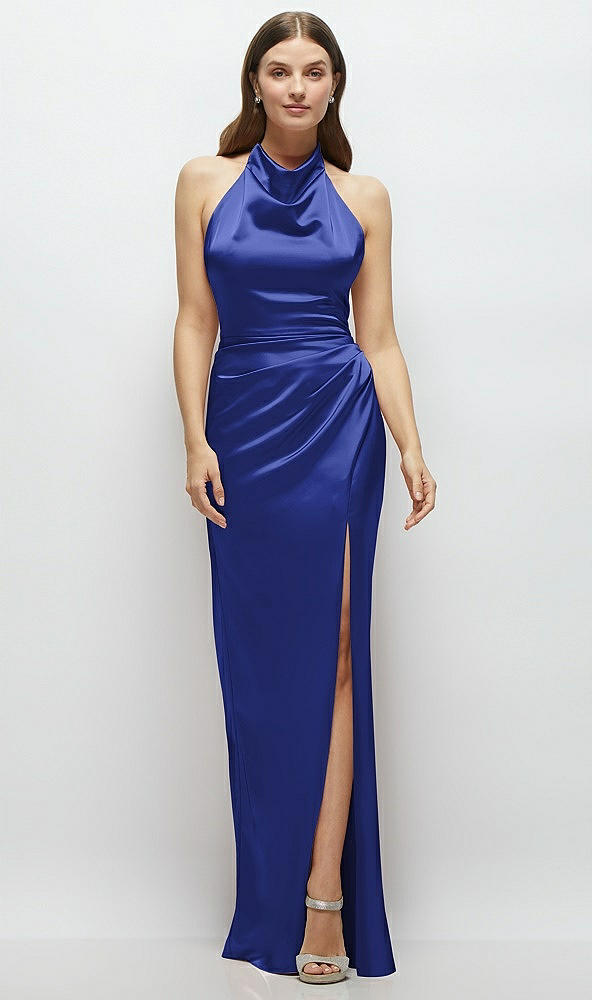 Front View - Cobalt Blue Cowl Halter Open-Back Satin Maxi Dress