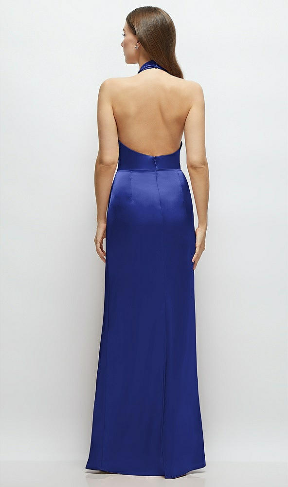 Back View - Cobalt Blue Cowl Halter Open-Back Satin Maxi Dress