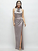 Front View Thumbnail - Cashmere Gray Cowl Halter Open-Back Satin Maxi Dress