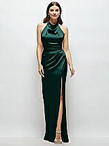 Front View Thumbnail - Evergreen Cowl Halter Open-Back Satin Maxi Dress