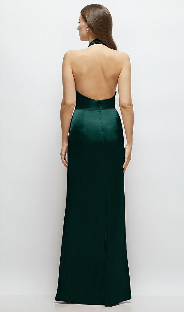 Back View - Evergreen Cowl Halter Open-Back Satin Maxi Dress