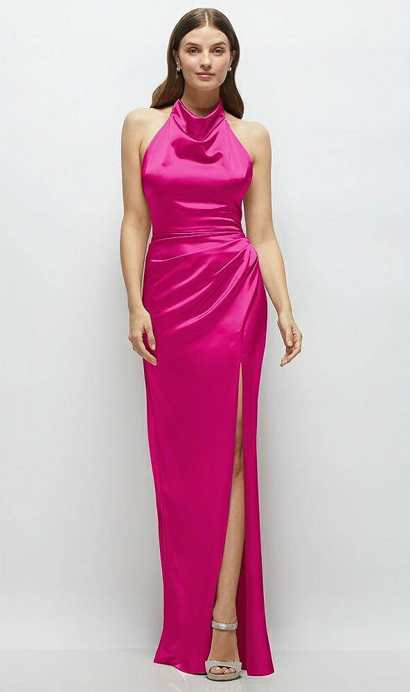 Front View - Think Pink Cowl Halter Open-Back Satin Maxi Dress