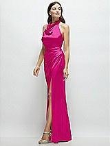 Side View Thumbnail - Think Pink Cowl Halter Open-Back Satin Maxi Dress