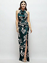 Front View Thumbnail - Vintage Primrose Evergreen Cowl Halter Open-Back Floral Satin Maxi Dress