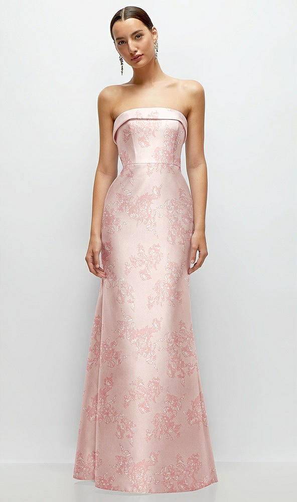 Front View - Bow And Blossom Print Strapless Cuff Neckline Floral Satin Trumpet Gown