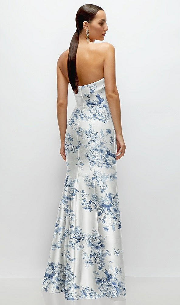 Back View - Cottage Rose Larkspur Strapless Cuff Neckline Floral Satin Trumpet Gown