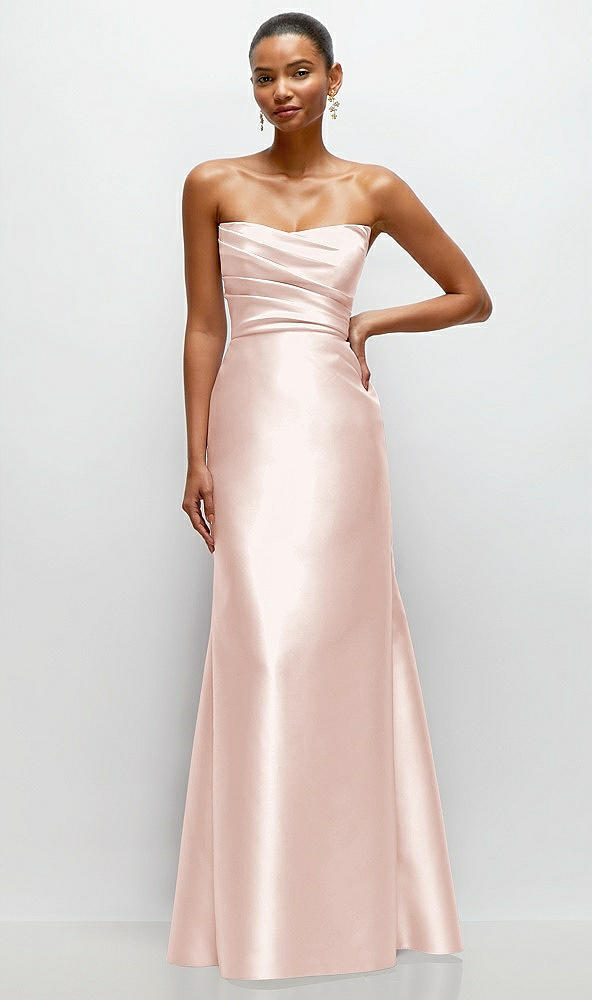 Front View - Blush Strapless Cat-Eye Draped Bodice Satin Tumpet Dress