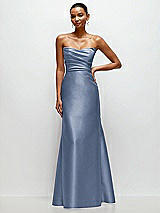 Front View Thumbnail - Larkspur Blue Strapless Cat-Eye Draped Bodice Satin Tumpet Dress