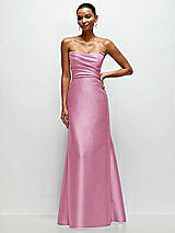 Front View Thumbnail - Powder Pink Strapless Cat-Eye Draped Bodice Satin Tumpet Dress