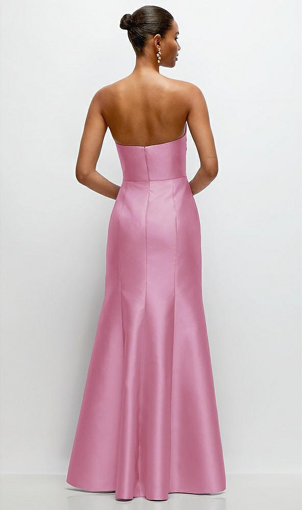 Back View - Powder Pink Strapless Cat-Eye Draped Bodice Satin Tumpet Dress