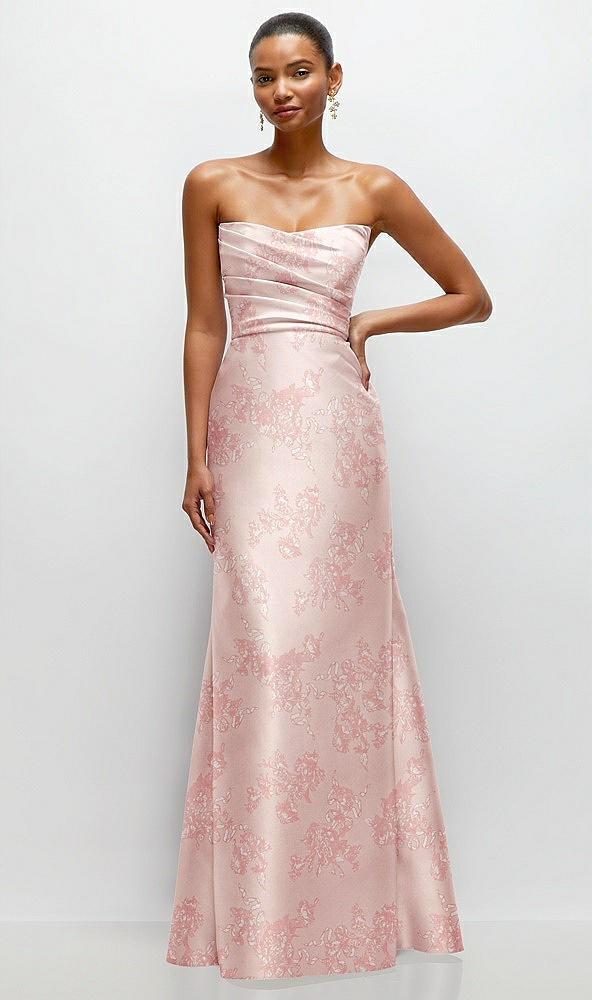 Front View - Bow And Blossom Print Strapless Cat-Eye Draped Bodice Floral Satin Tumpet Dress