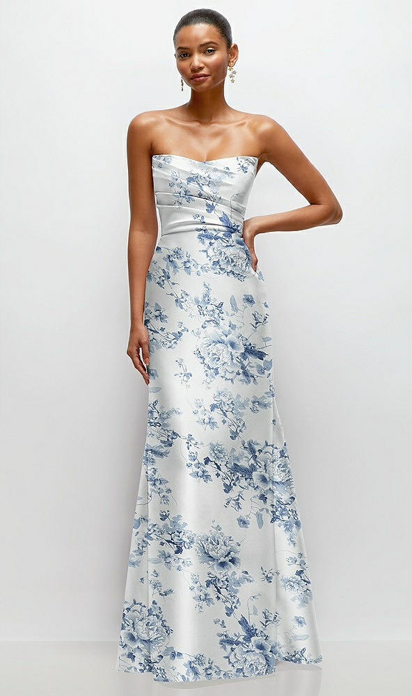 Front View - Cottage Rose Larkspur Strapless Cat-Eye Draped Bodice Floral Satin Tumpet Dress