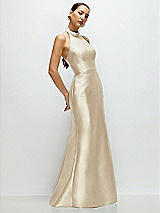 Side View Thumbnail - Champagne High-Neck Halter Open-Back Satin Trumpet Dress 