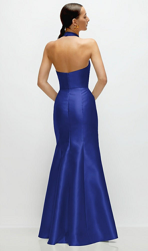 Back View - Cobalt Blue High-Neck Halter Open-Back Satin Trumpet Dress 