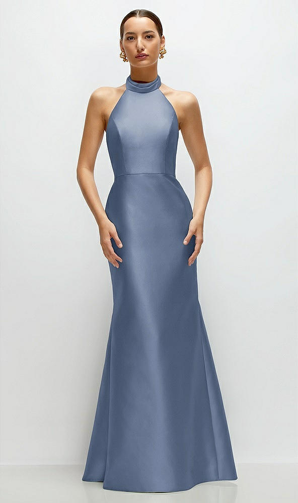 Front View - Larkspur Blue High-Neck Halter Open-Back Satin Trumpet Dress 