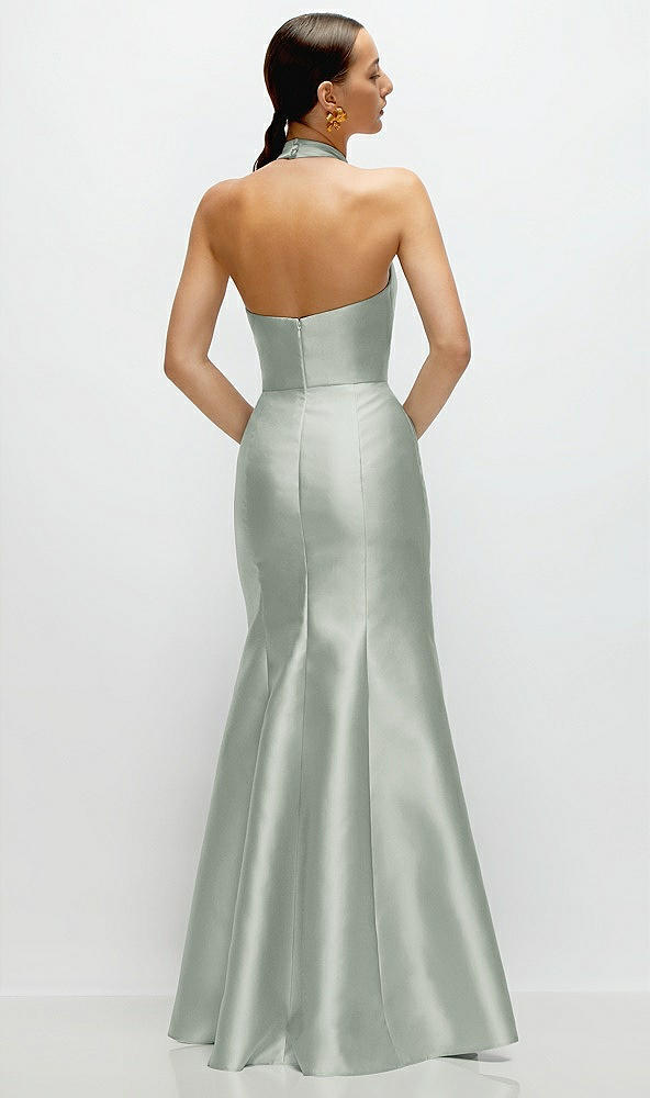 Back View - Willow Green High-Neck Halter Open-Back Satin Trumpet Dress 