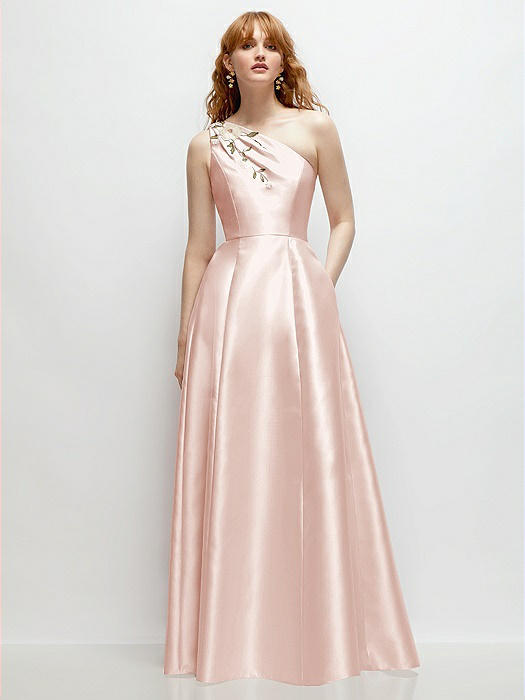 One-Shoulder Full A-Line Satin Gown with Handworked Floral Appliqué