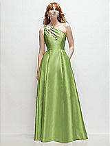 Front View Thumbnail - Mojito One-Shoulder Full A-Line Satin Gown with Handworked Floral Appliqué