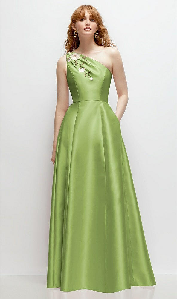 Front View - Mojito One-Shoulder Full A-Line Satin Gown with Handworked Floral Appliqué