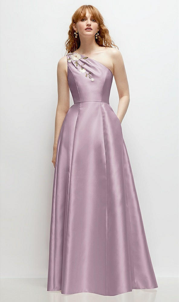 Front View - Suede Rose One-Shoulder Full A-Line Satin Gown with Handworked Floral Appliqué