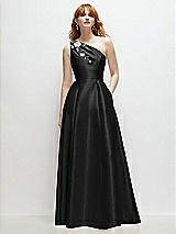 Front View Thumbnail - Black One-Shoulder Full A-Line Satin Gown with Handworked Floral Appliqué