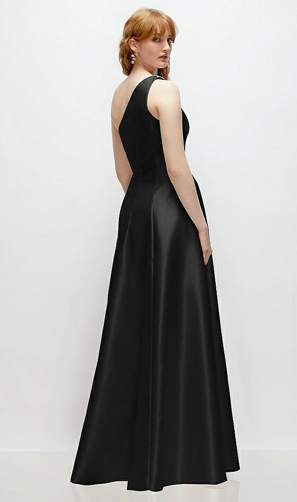 Back View - Black One-Shoulder Full A-Line Satin Gown with Handworked Floral Appliqué