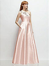 Side View Thumbnail - Blush One-Shoulder Full A-Line Satin Gown with Handworked Floral Appliqué