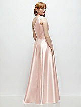 Rear View Thumbnail - Blush One-Shoulder Full A-Line Satin Gown with Handworked Floral Appliqué