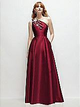 Front View Thumbnail - Burgundy One-Shoulder Full A-Line Satin Gown with Handworked Floral Appliqué