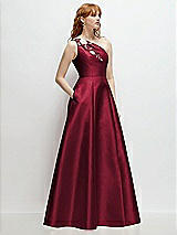 Side View Thumbnail - Burgundy One-Shoulder Full A-Line Satin Gown with Handworked Floral Appliqué