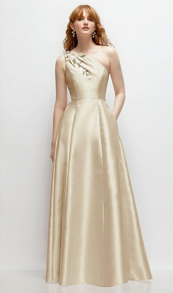 Front View - Champagne One-Shoulder Full A-Line Satin Gown with Handworked Floral Appliqué